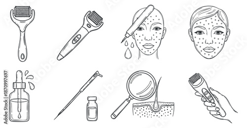 A collection of skincare tools and products including a facial roller, serum, magnifying glass, and treatment tools in minimalist outline vector style, suitable for beauty and wellness branding