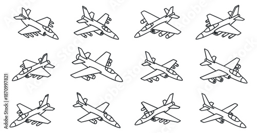 A collection of fighter jets in black and white outline vector style, ideal for aviation-themed projects and graphics