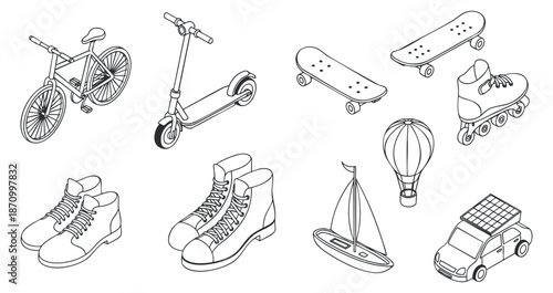 A collection of various transportation icons including a bicycle, scooter, skateboard, roller skate, hot air balloon, and car in minimalist vector outline style, perfect for modern design projects