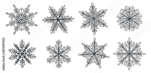 A collection of eight intricate snowflake designs in black outline vector style, perfect for winter-themed projects