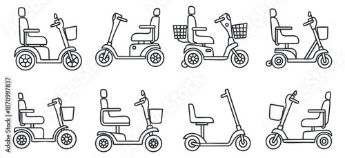 A set of eight electric scooters and mobility vehicles in minimalistic lineart vector style, perfect for urban transportation designs