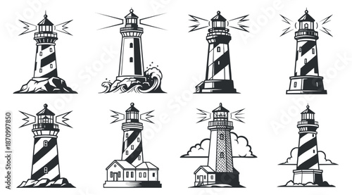 A collection of nine unique lighthouse illustrations in black and white vector style, ideal for nautical themes and maritime designs