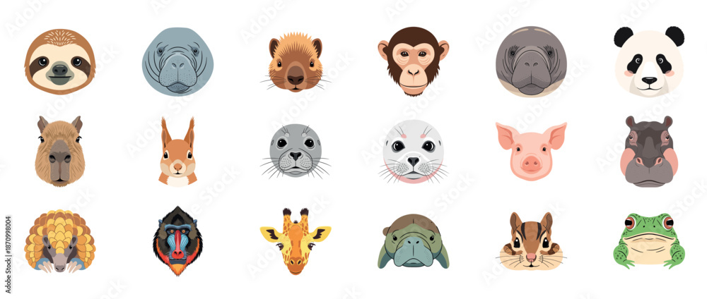 Fototapeta premium Collection of cute animal faces featuring sloth, monkey, panda, giraffe, frog, and more