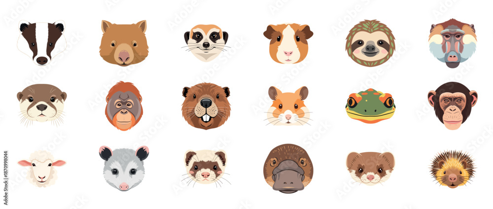 Obraz premium Collection of various animal faces including sloth, platypus, and baboon