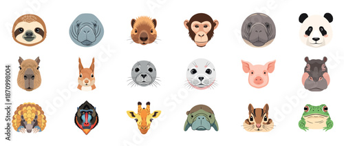 Collection of cute animal faces featuring sloth, monkey, panda, giraffe, frog, and more