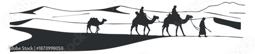 A silhouette of a camel caravan traversing sand dunes in black and white minimalist vector style, ideal for travel and adventure themes
