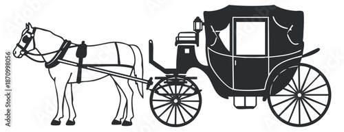 A horse pulling a traditional carriage in black and white outline vector style, suitable for vintage transportation themes