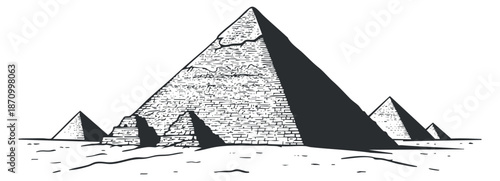 A depiction of the Great Pyramid of Giza and surrounding pyramids in black and white outline vector style, ideal for travel and educational projects