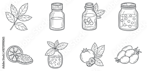 A collection of jars, bottles, and fruits in minimalist outline vector style, suitable for organic product branding and packaging