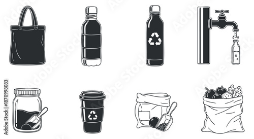 A collection of eco-friendly recycling icons including bags, bottles, jars, and taps in black and white vector style, ideal for environmental awareness projects