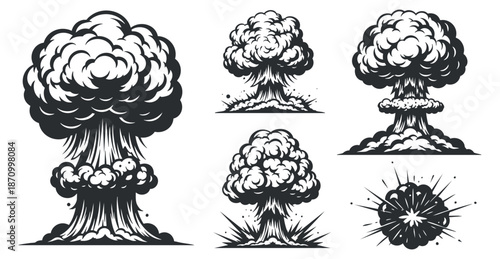 A collection of explosion illustrations featuring varying nuclear blast designs in black and white graphic style, ideal for action-themed projects