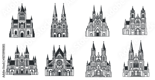 A collection of gothic cathedrals in black and white outline vector style, suitable for architectural design projects