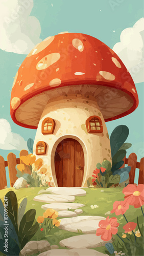 mushroom, nature, vector, toadstool, illustration, house, cartoon, agaric, food, plant, summer, fairy, red, poisonous, sky, fantasy