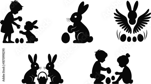 Whimsical Silhouette Illustrations of Children and Easter Bunnies, Perfect for Holiday-Themed Design Projects flat vector illustration