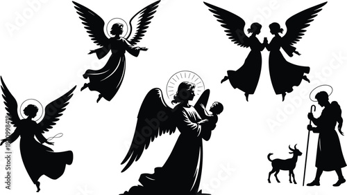 Divine Silhouettes: Angels, Shepherds, and the Nativity Scene in Black and White Art flat vector illustration