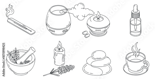 A collection of wellness and spa icons including candles, essential oils, and soothing elements in minimalist line art style, perfect for health and relaxation projects