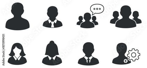A collection of business people icons including male and female silhouettes in minimalist black vector style, suitable for corporate and HR designs