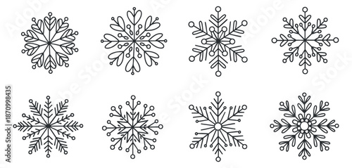 A collection of eight unique snowflakes in black outline vector style, perfect for winter holiday designs and decorations
