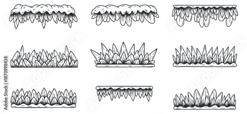 A collection of various grass and foliage designs in black and white outline vector style, perfect for nature-themed projects