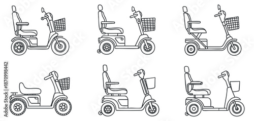 A collection of six electric scooters in outline vector style, ideal for urban transportation designs and mobility solutions
