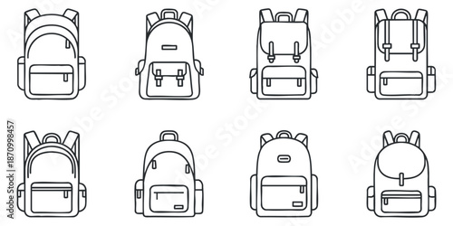 A collection of backpack icons in clean outline minimalist vector style, ideal for educational and travel design projects