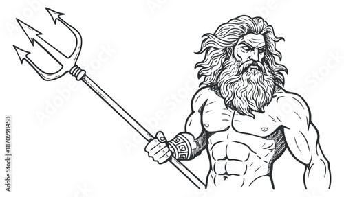 A powerful sea god holding a trident in a detailed line art vector style, ideal for fantasy-themed designs