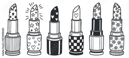 A collection of six unique lipstick designs featuring stars, hearts, checkered, and floral patterns in black and white vector style, ideal for beauty and fashion projects