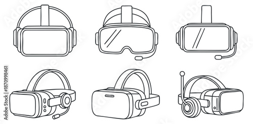 A set of various virtual reality headsets in clean outline minimalist vector style, suitable for technology and gaming projects