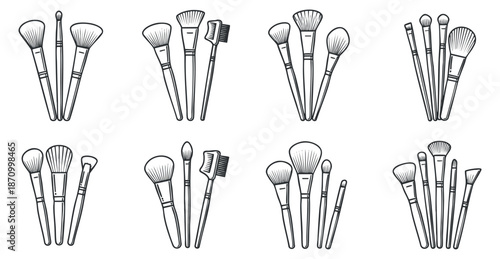 A collection of various makeup brushes in detailed outline vector style, ideal for beauty and cosmetics branding