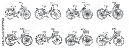 A set of eight vintage bicycles with baskets in clean outline vector style, perfect for cycling-themed designs and branding