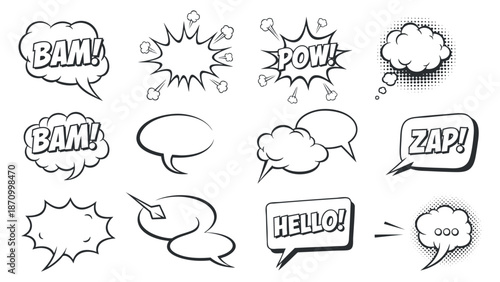 A collection of comic-style speech bubbles and sound effects including BAM, POW, ZAP, and HELLO in black and white outline vector style, ideal for comic book designs and graphic illustrations