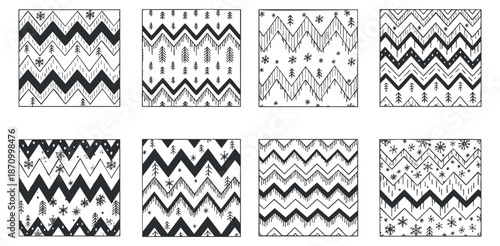 A collection of eight black and white geometric patterns featuring zigzag lines, trees, and snowflakes, ideal for textile design