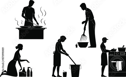 Household Chores Vector Illustration: Cooking, Cleaning, Laundry, Domestic Tasks, Home Maintenance, Silhouettes, Everyday Life, Editable Isolated Icons, High-Resolution Design flat vector illustration
