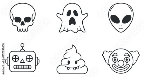 A collection of spooky Halloween icons including a skull, ghost, alien, robot, poop emoji, and clown in minimalistic black and white vector style, perfect for party invitations and decorations
