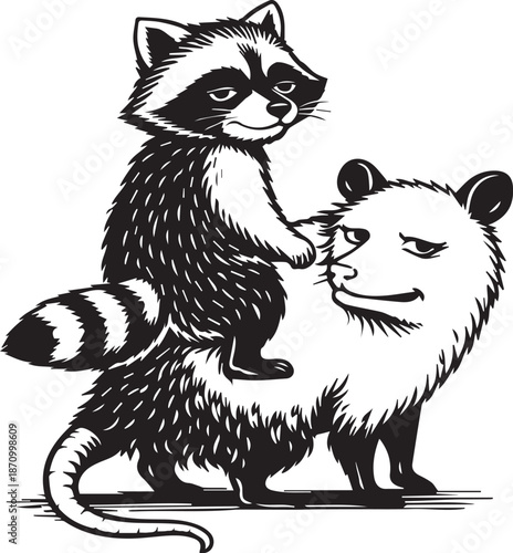 a raccoon riding a possum