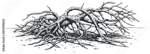 A detailed illustration of an intricate tree root structure in black and white sketch style, ideal for nature-themed designs