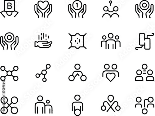 20 Unique Icons Illustrating Hands, People, and Connections – Perfect for Web Design, User Interface, and Business Branding Projects flat vector illustration