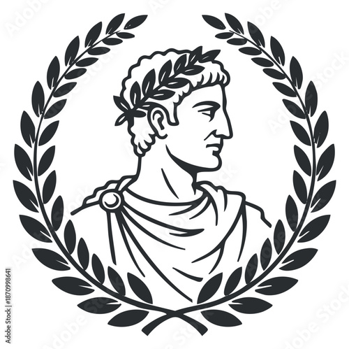 A profile bust of a Roman emperor surrounded by a laurel wreath in black and white vector style, ideal for historical and educational projects