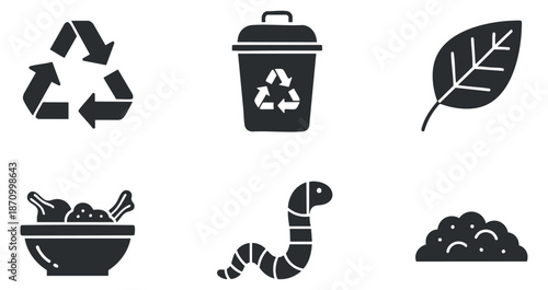 A set of recycling icons including a recycle symbol, trash bin, leaf, worm, and compost in black and white minimalist vector style, perfect for environmental projects