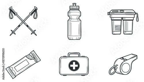 A collection of fitness and sports icons featuring a water bottle, first aid kit, nutrition bar, whistle, and hiking poles in clean outline vector style, ideal for health and fitness projects