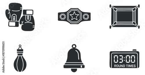 A set of boxing icons including gloves, championship belt, boxing ring, bell, punching bag, and timer in flat black and white vector style, suitable for sports and fitness branding