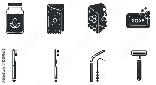 A collection of hygiene and personal care items including a toothbrush, soap, razor, and toothpaste in flat black vector style, perfect for health and beauty branding