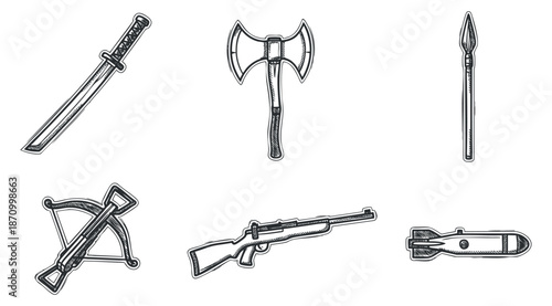 A set of various weapons including a sword, axe, spear, crossbow, rifle, and missile in black and white outline vector style, suitable for game design and military themes