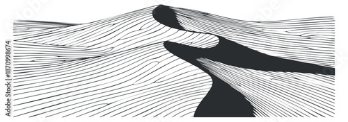 An abstract landscape illustration featuring flowing lines and contours in black and white minimalist vector style, ideal for modern design projects