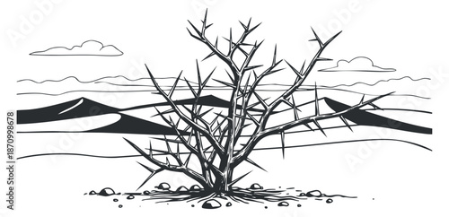 A thorny bush in a barren desert landscape in minimalist black and white vector style, suitable for nature-themed projects