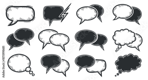 A set of various speech and thought bubbles in black and white hand-drawn vector style, ideal for creative projects and communication designs