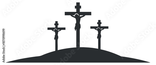 A silhouette of three crosses on a hill in minimalist vector style, suitable for religious and spiritual design projects