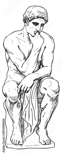 A statue of a thinking philosopher in outline minimalist vector style, suitable for art and design projects