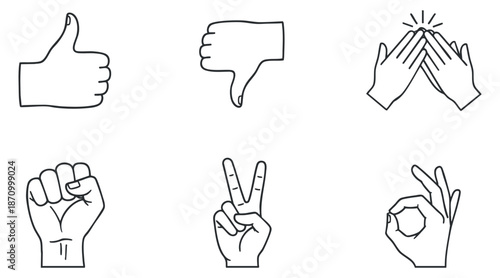 A collection of hand gesture icons including thumbs up, thumbs down, peace sign, and okay sign in minimalist black and white vector style, perfect for communication and social media usage