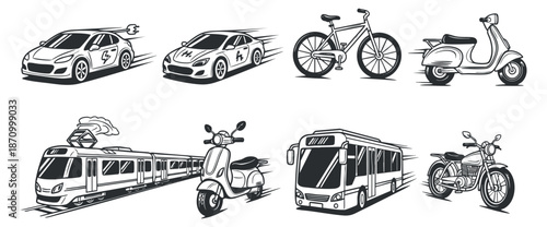 A collection of various vehicles including cars, bicycles, scooters, and buses in a black and white outline vector style, ideal for transportation designs